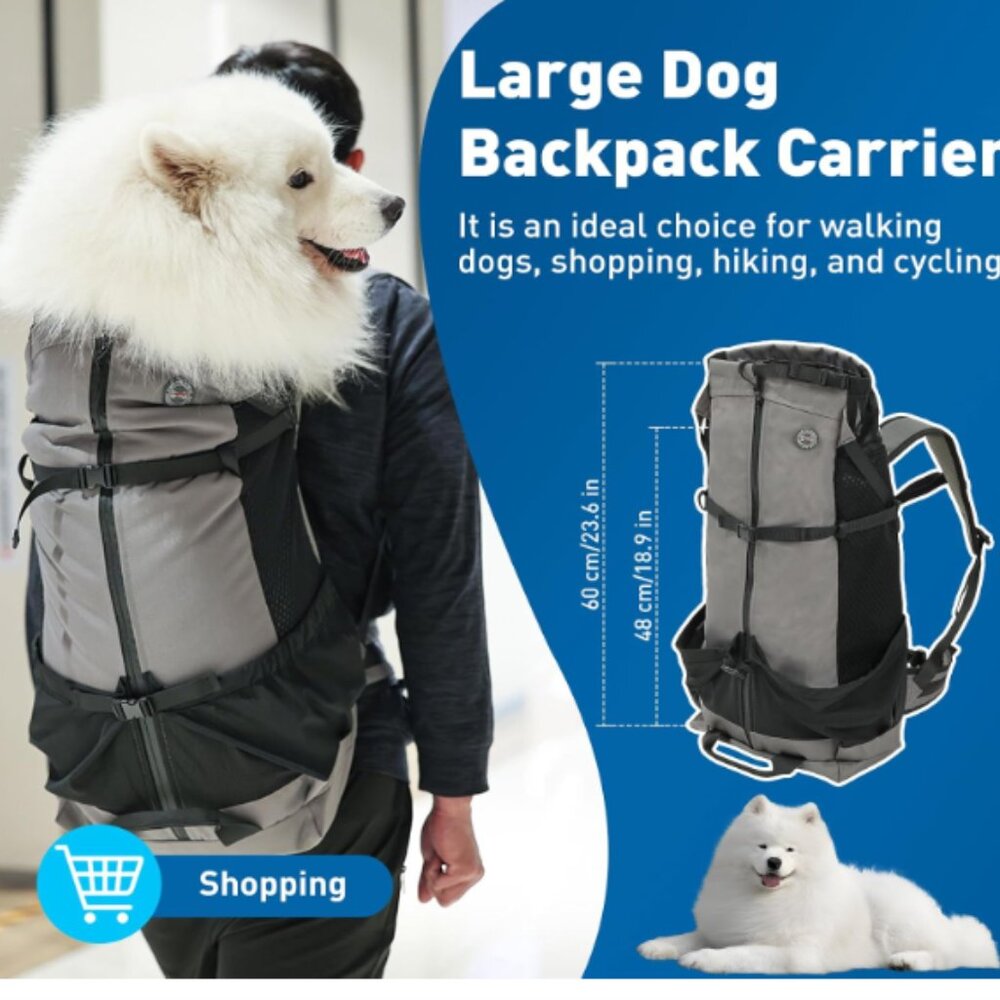 Gray ETIAL Waterproof Dog Backpack Carrier For Medium To Large Dogs Up To 66 lbs